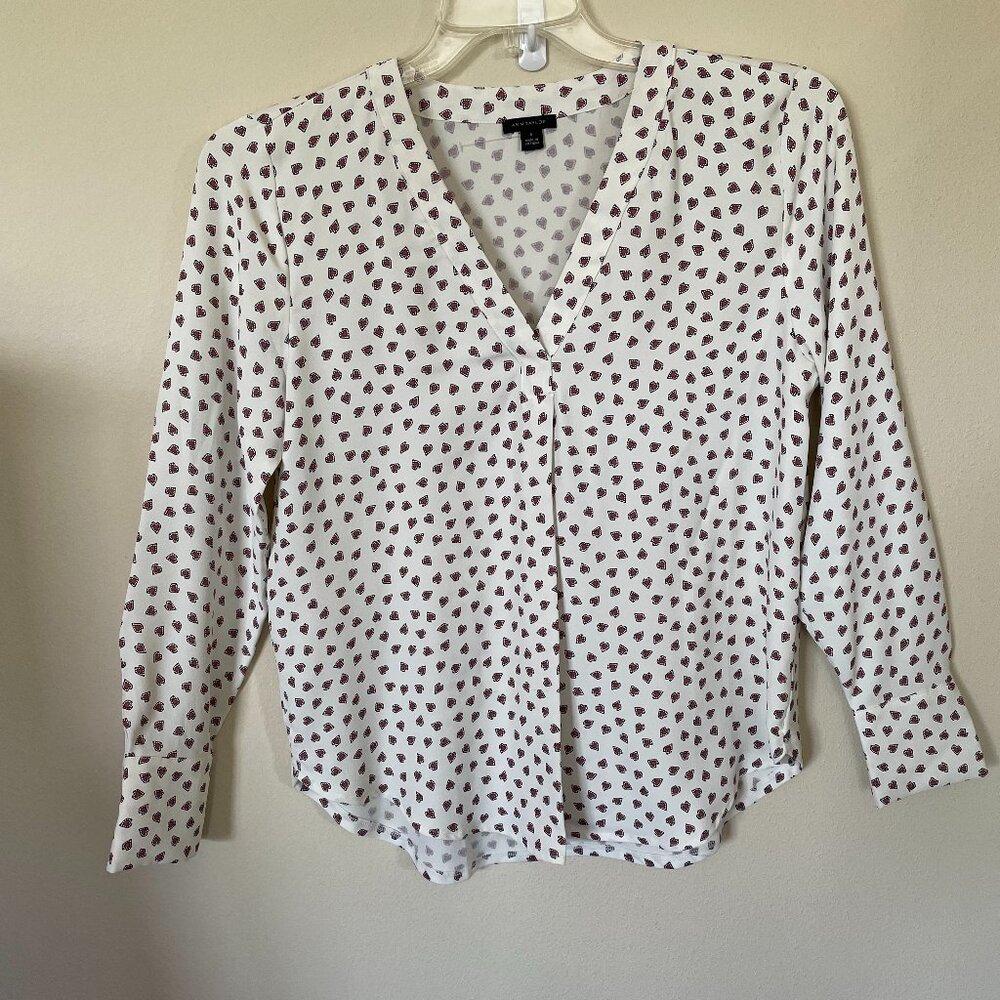 Ann Taylor Cream, heart prints blouse, long sleeve, v-neck, size Small